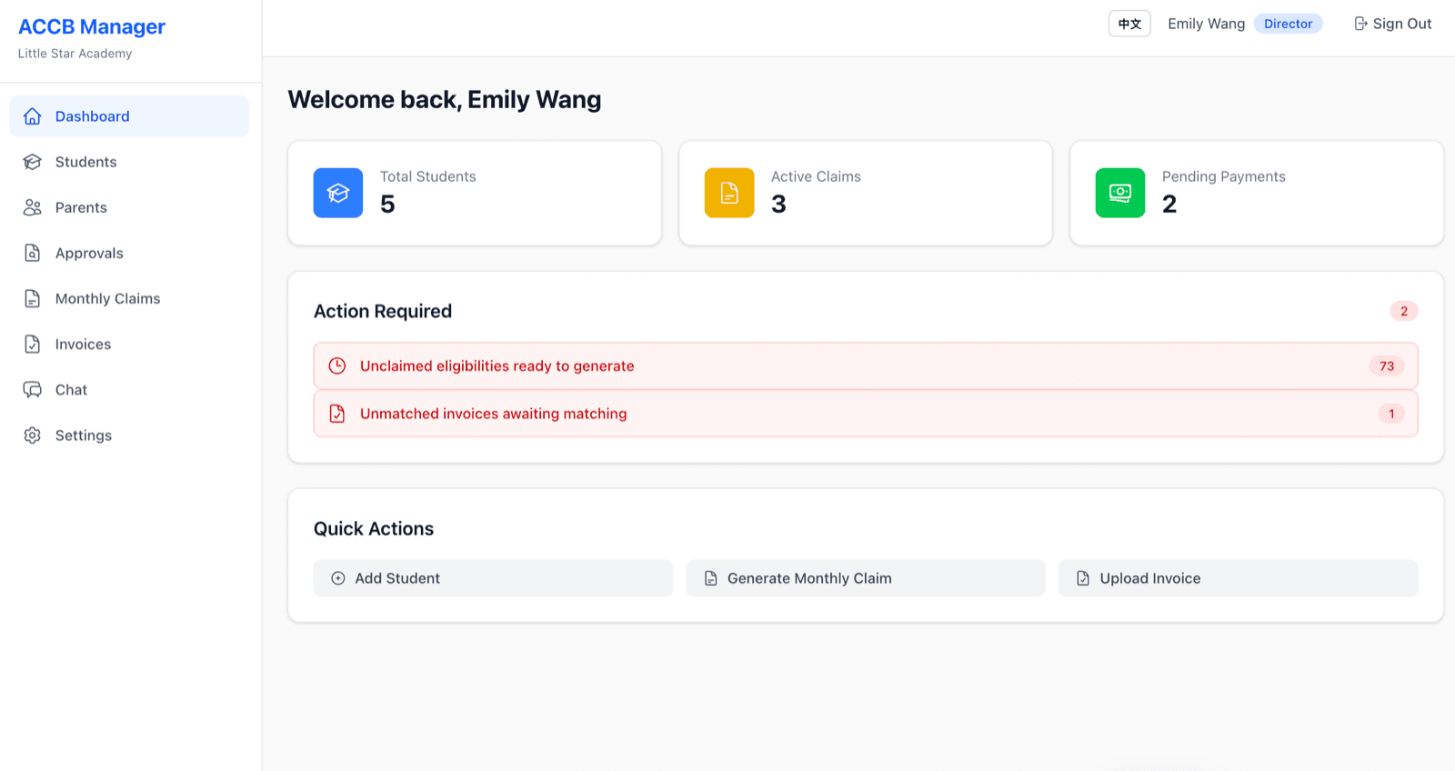 ACCB Manager dashboard showing students, active claims, pending payments, and quick actions